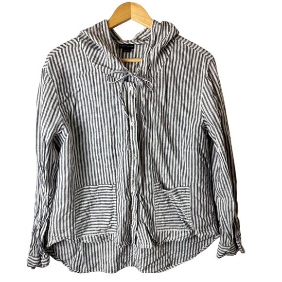Tahari 100% Linen Button Down Shirt Womens XL Striped Hooded Lagenlook Coastal - Picture 1 of 12